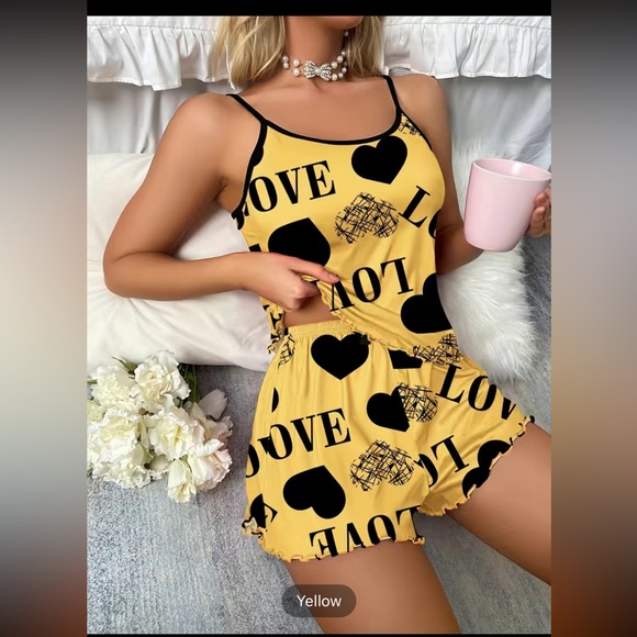Heart Print Pajama Set, Sleeveless Cami Top & Elastic Waistband Shorts, - Picture 3 of 5
